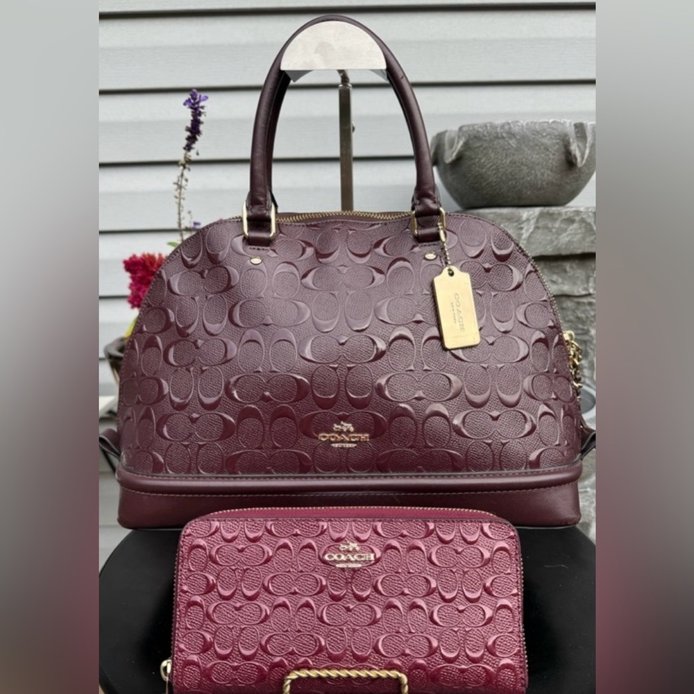 Coach Maroon Embossed Satchel and Wallet Set
